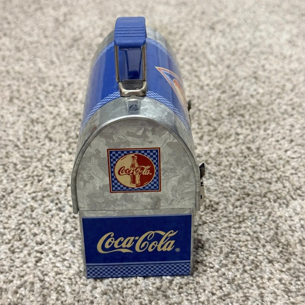 Coca-Cola Workbox Tin Lunch Box Dome Top Metal Latch Blue Silver 6x5x3.25 2002